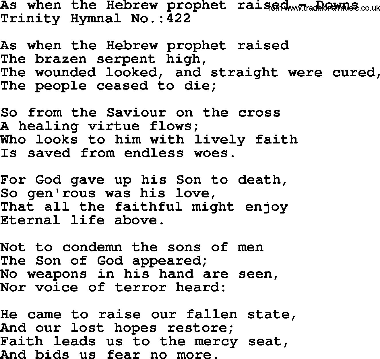 Trinity Hymnal Hymn: As When The Hebrew Prophet Raised--Downs, lyrics with midi music