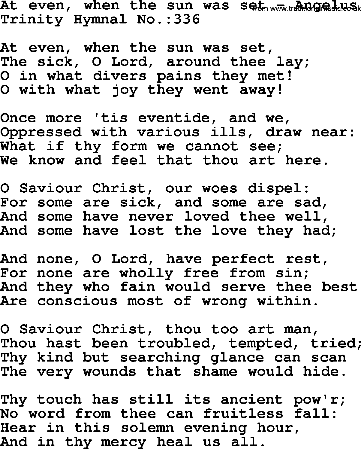 Trinity Hymnal Hymn: At Even, When The Sun Was Set--Angelus, lyrics with midi music
