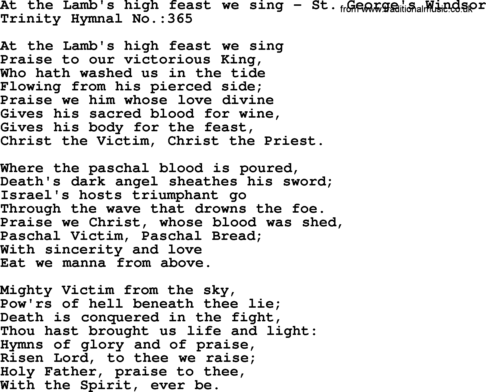 Trinity Hymnal Hymn: At The Lamb's High Feast We Sing--St. George's Windsor, lyrics with midi music