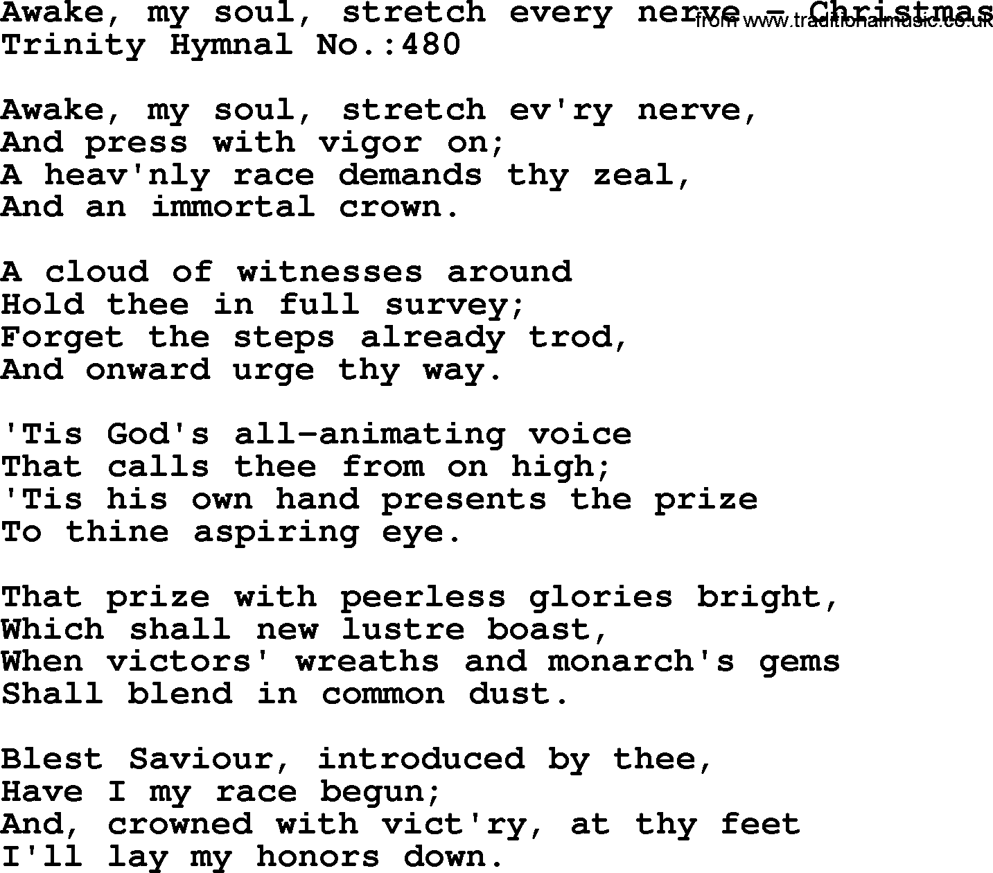 Trinity Hymnal Hymn: Awake, My Soul, Stretch Every Nerve--Christmas, lyrics with midi music