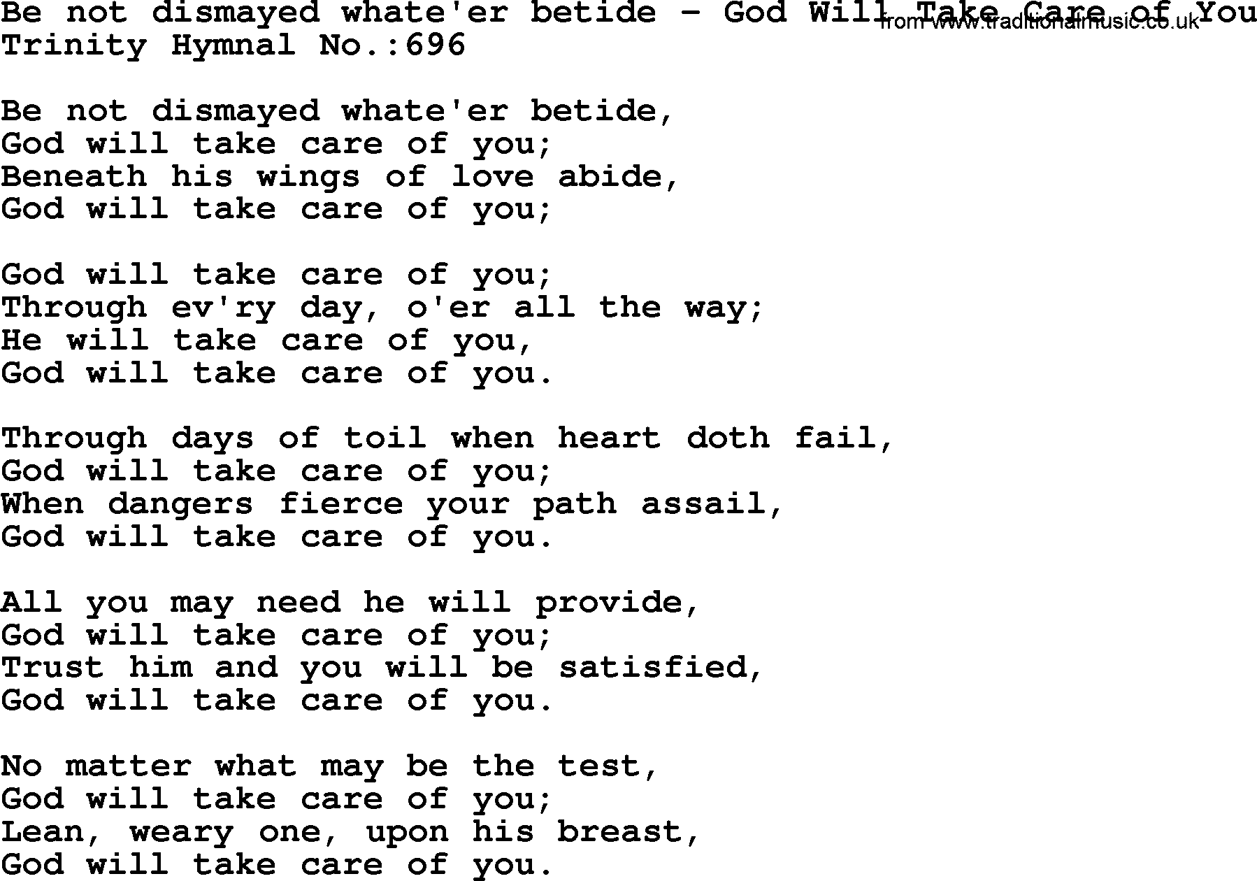 Trinity Hymnal Hymn: Be Not Dismayed Whate'er Betide--God Will Take Care Of You, lyrics with midi music