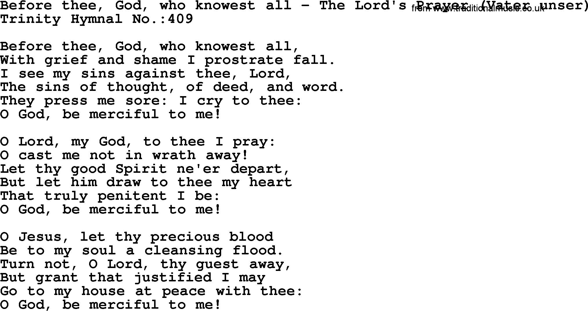 Trinity Hymnal Hymn: Before Thee, God, Who Knowest All--The Lord's Prayer, lyrics with midi music