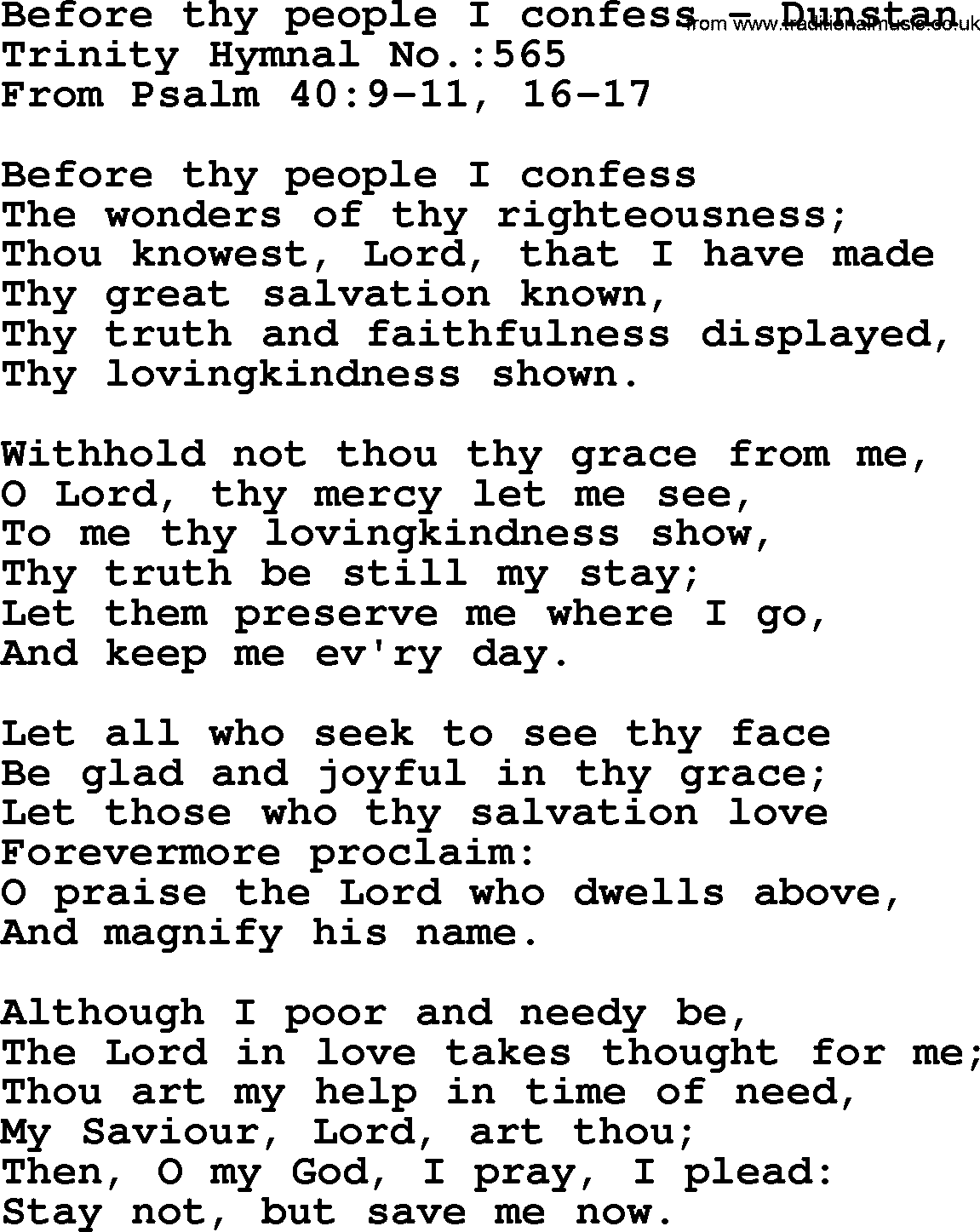 Trinity Hymnal Hymn: Before Thy People I Confess--Dunstan, lyrics with midi music
