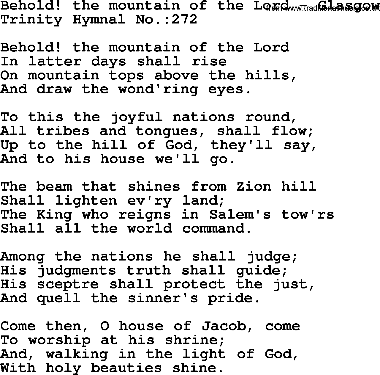 Trinity Hymnal Hymn: Behold! The Mountain Of The Lord--Glasgow, lyrics with midi music