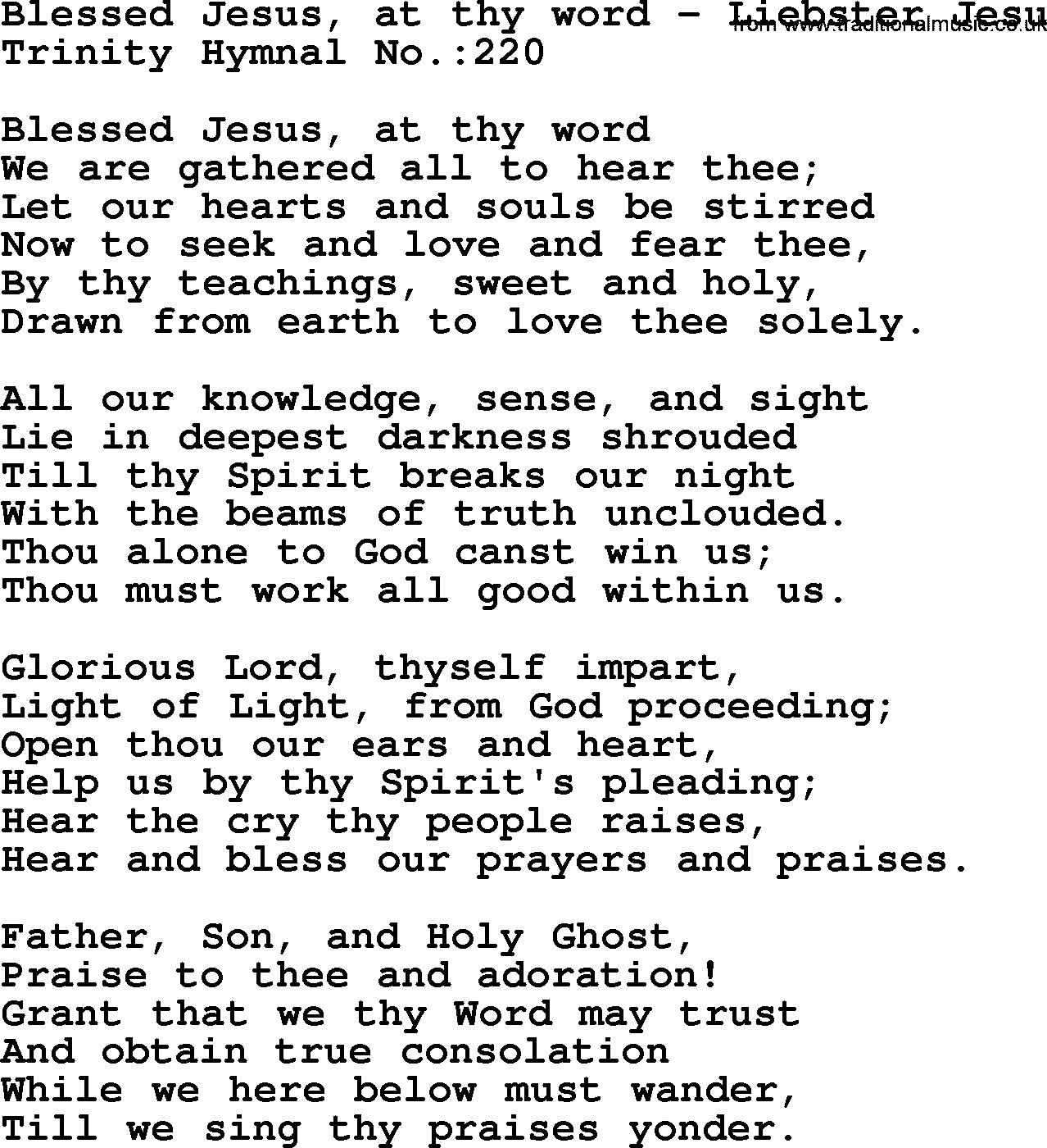Trinity Hymnal Hymn: Blessed Jesus, At Thy Word--Liebster Jesu, lyrics with midi music
