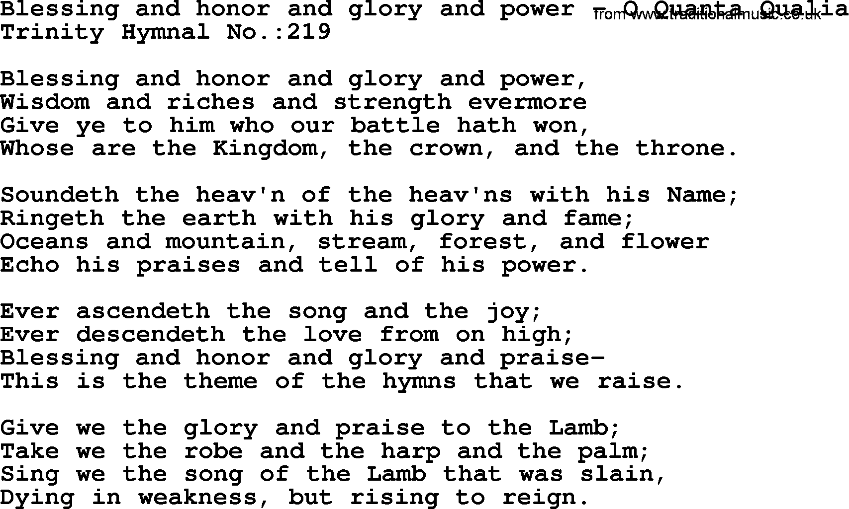 Trinity Hymnal Hymn: Blessing And Honor And Glory And Power--O Quanta Qualia, lyrics with midi music