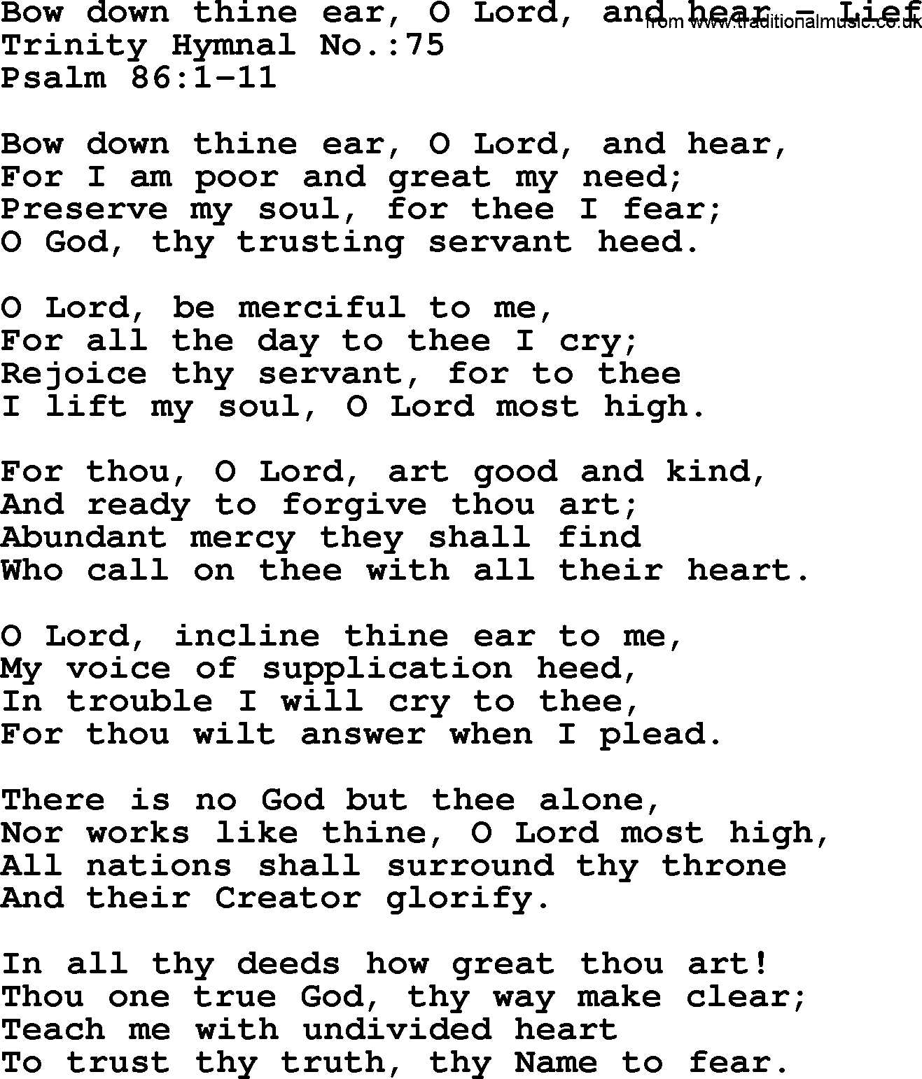 Trinity Hymnal Hymn: Bow Down Thine Ear, O Lord, And Hear--Lief, lyrics with midi music