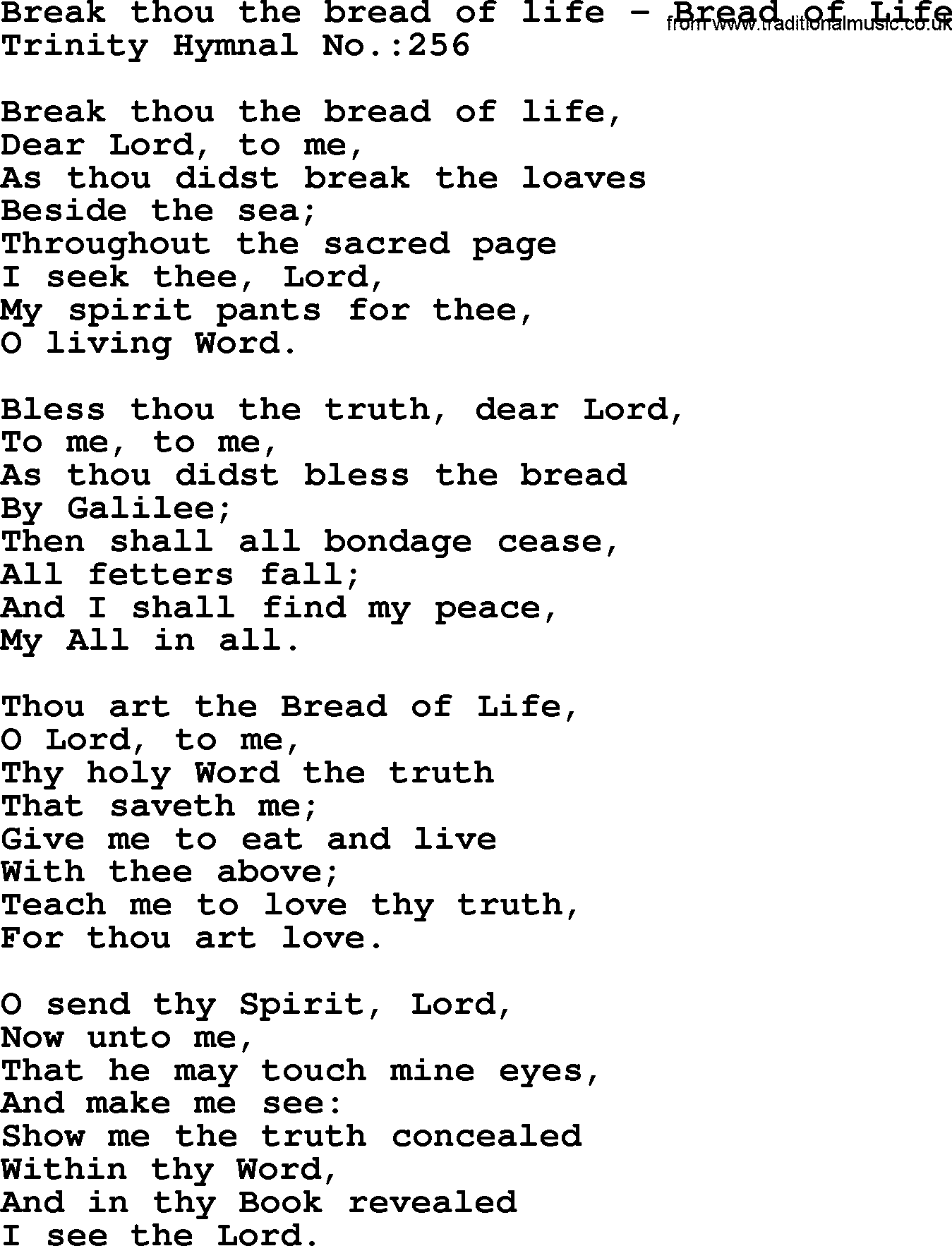 Trinity Hymnal Hymn: Break Thou The Bread Of Life--Bread Of Life, lyrics with midi music