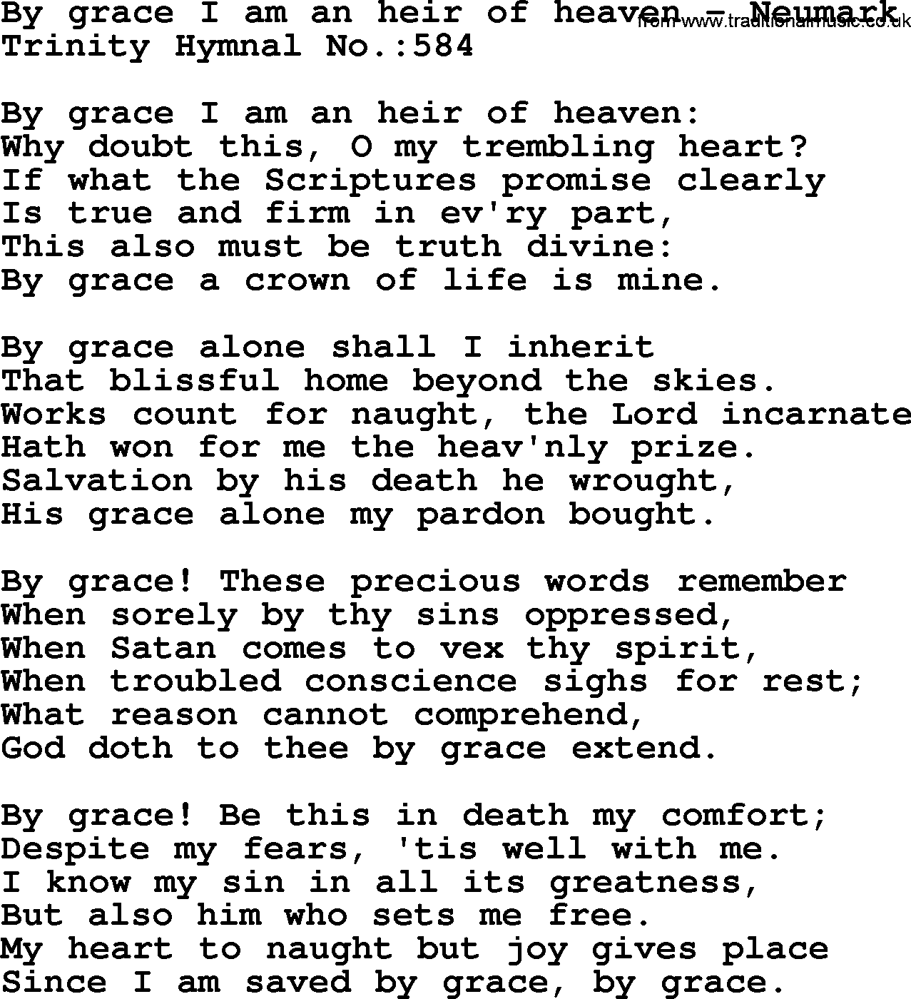 Trinity Hymnal Hymn: By Grace I Am An Heir Of Heaven--Neumark, lyrics with midi music
