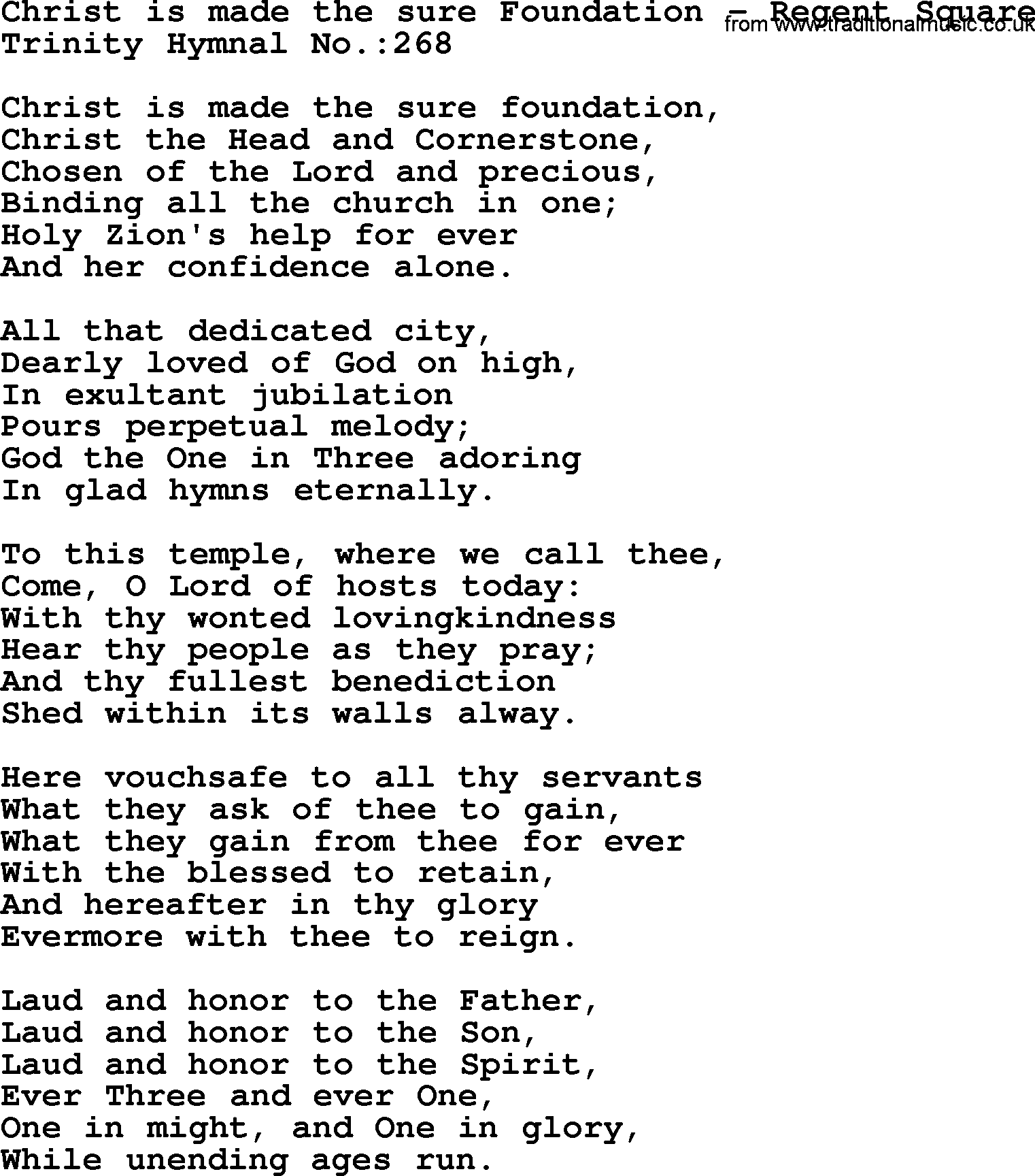 Trinity Hymnal Hymn: Christ Is Made The Sure Foundation--Regent Square, lyrics with midi music