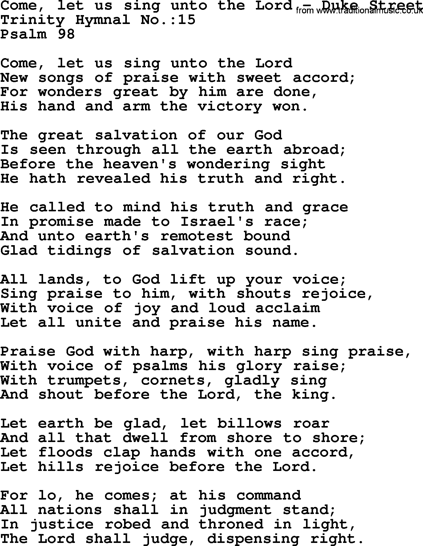 Trinity Hymnal Hymn: Come, Let Us Sing Unto The Lord--Duke Street, lyrics with midi music