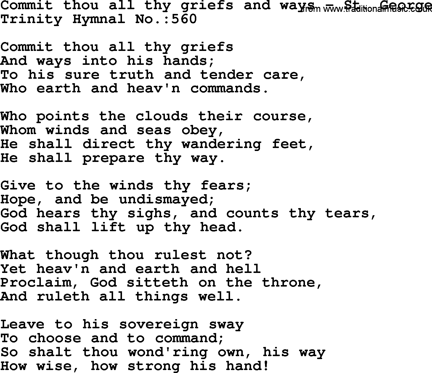 Trinity Hymnal Hymn: Commit Thou All Thy Griefs And Ways--St. George, lyrics with midi music