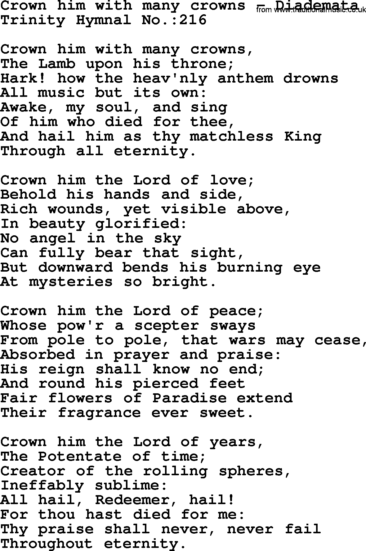 Trinity Hymnal Hymn: Crown Him With Many Crowns--Diademata, lyrics with midi music