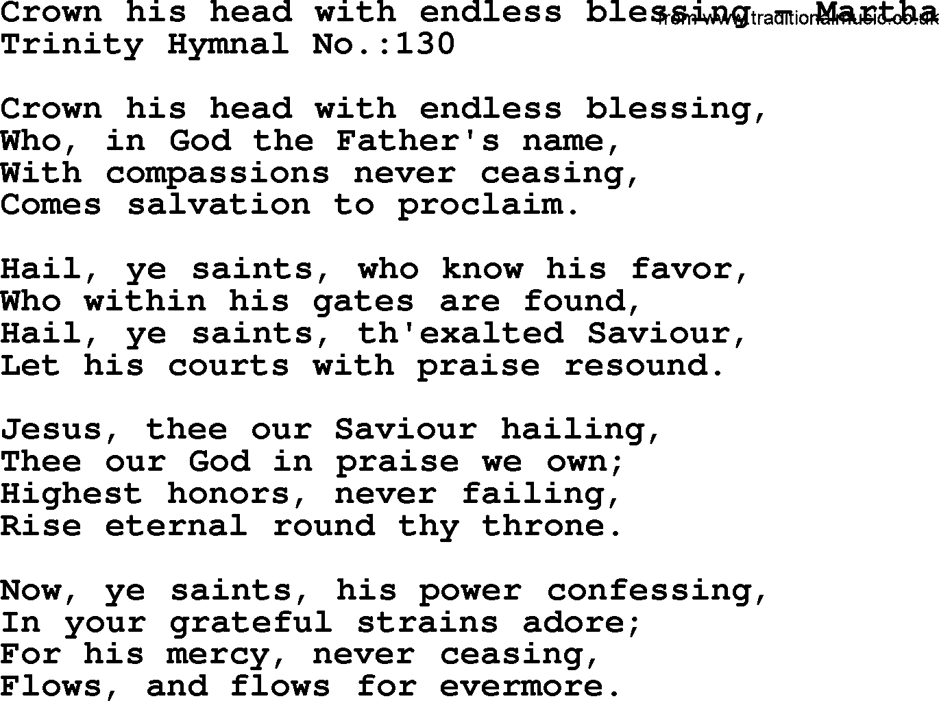 Trinity Hymnal Hymn: Crown His Head With Endless Blessing--Martha, lyrics with midi music