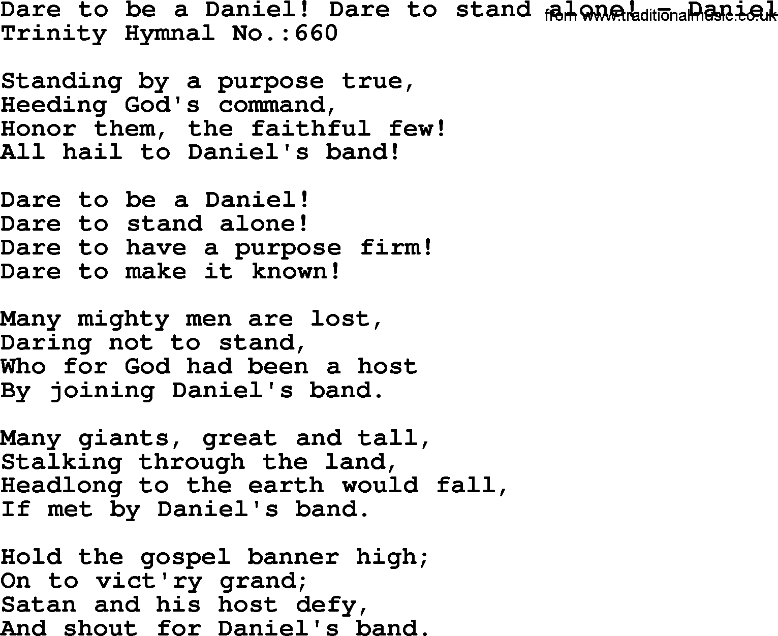 Trinity Hymnal Hymn: Dare To Be A Daniel! Dare To Stand Alone!--Daniel, lyrics with midi music