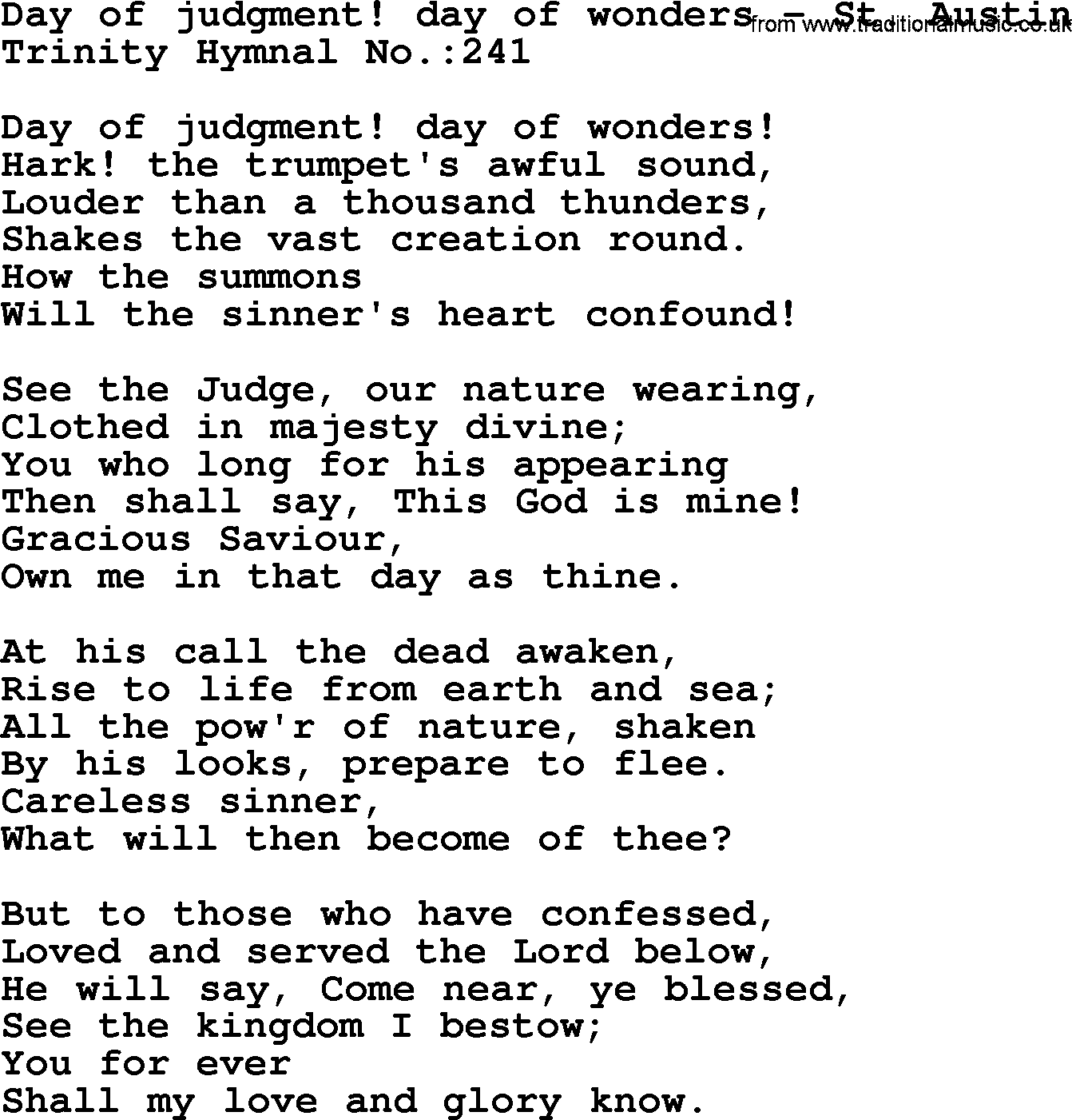Trinity Hymnal Hymn: Day Of Judgment! Day Of Wonders--St. Austin, lyrics with midi music