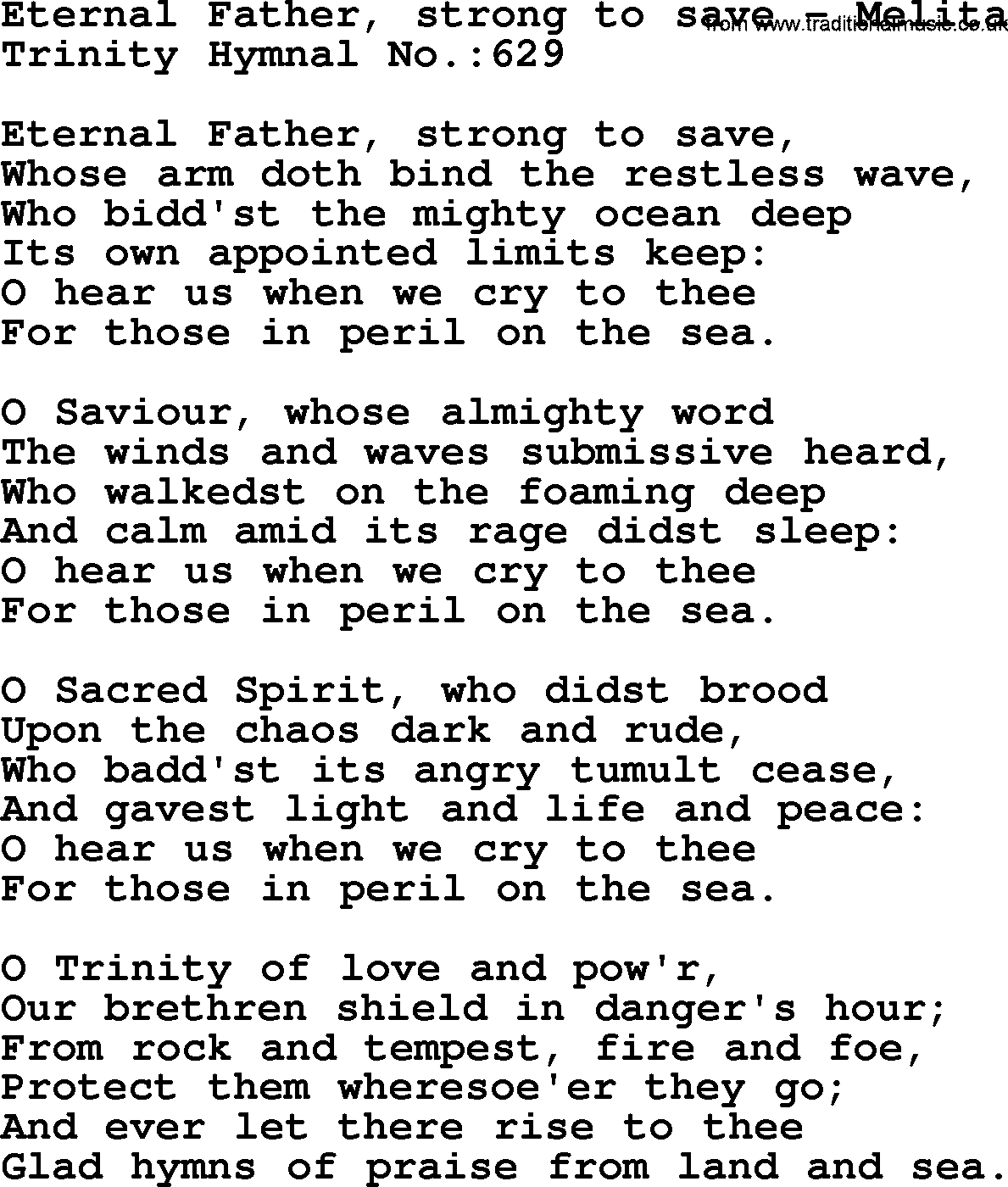 Trinity Hymnal Hymn: Eternal Father, Strong To Save--Melita, lyrics with midi music