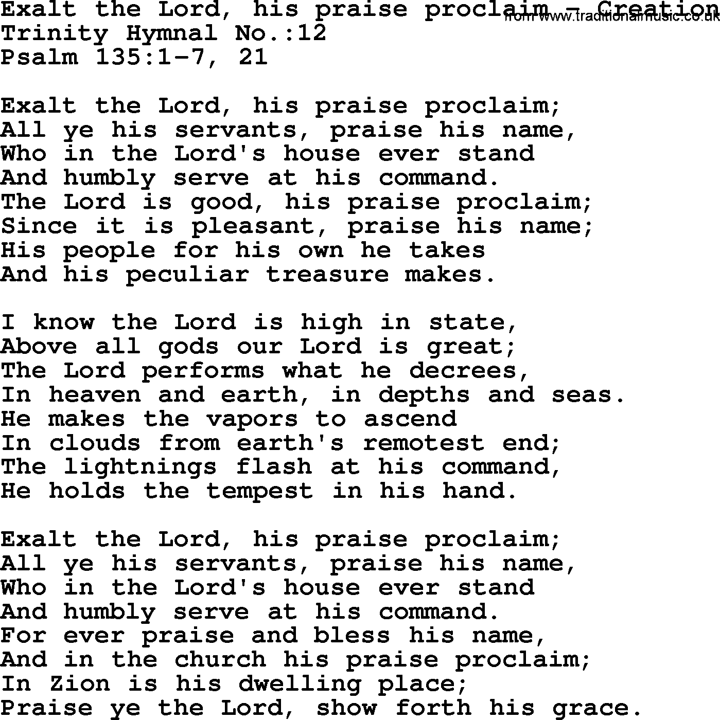 Trinity Hymnal Hymn: Exalt The Lord, His Praise Proclaim--Creation, lyrics with midi music