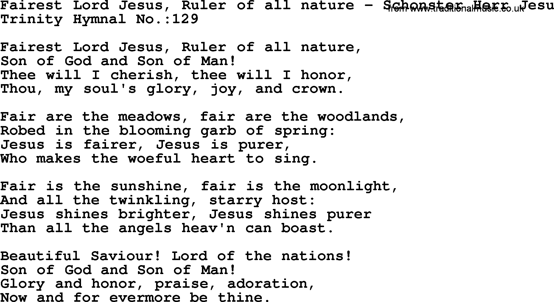 Trinity Hymnal Hymn: Fairest Lord Jesus, Ruler Of All Nature--Schonster Herr Jesu, lyrics with midi music