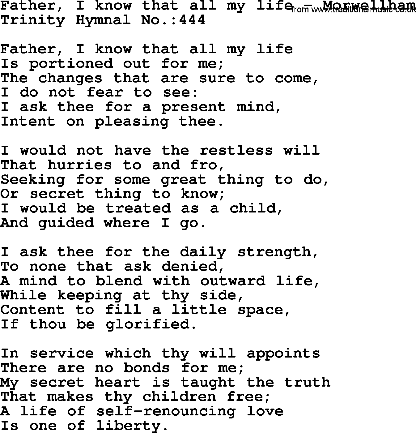 Trinity Hymnal Hymn: Father, I Know That All My Life--Morwellham, lyrics with midi music