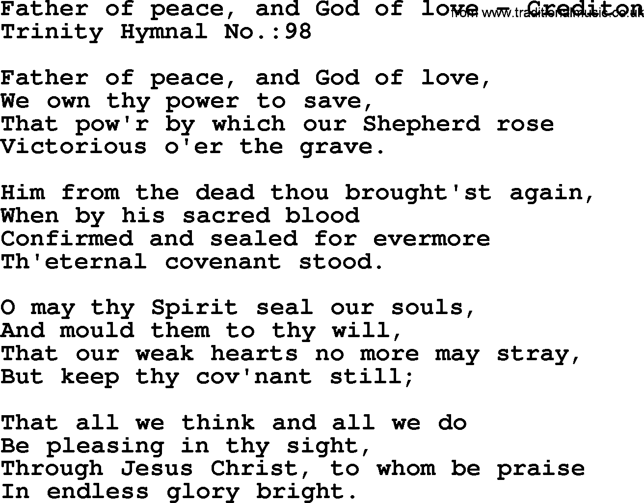 Trinity Hymnal Hymn: Father Of Peace, And God Of Love--Crediton, lyrics with midi music