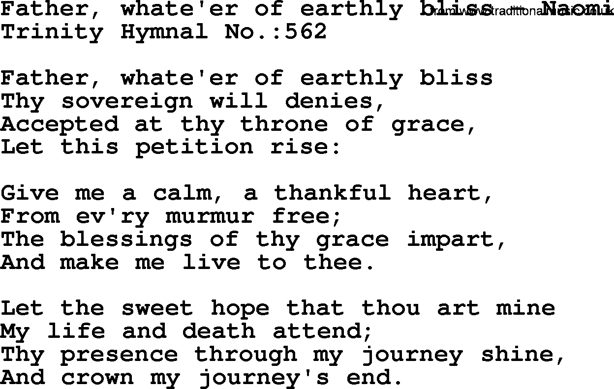 Trinity Hymnal Hymn: Father, Whate'er Of Earthly Bliss--Naomi, lyrics with midi music
