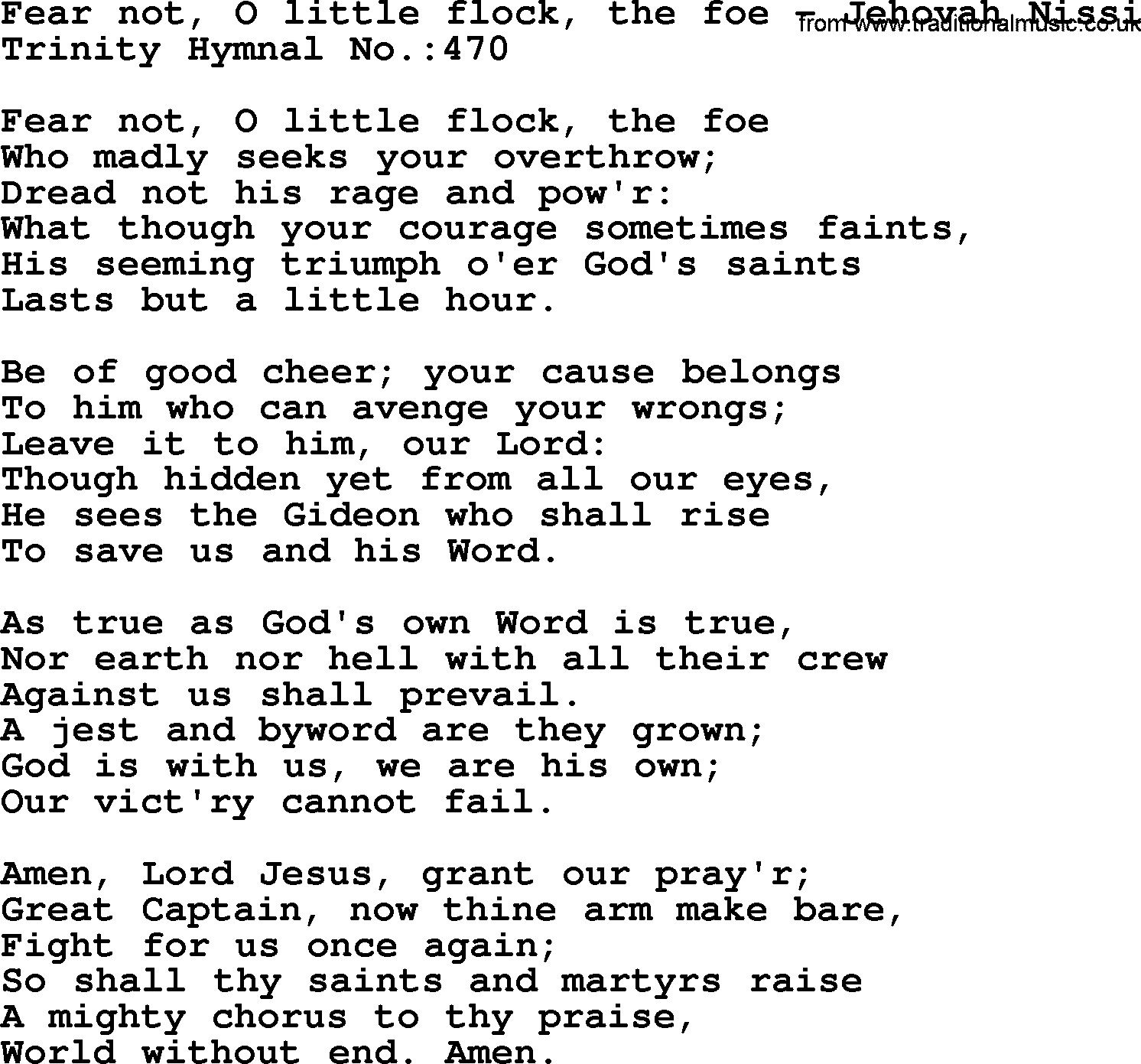 Trinity Hymnal Hymn: Fear Not, O Little Flock, The Foe--Jehovah Nissi, lyrics with midi music