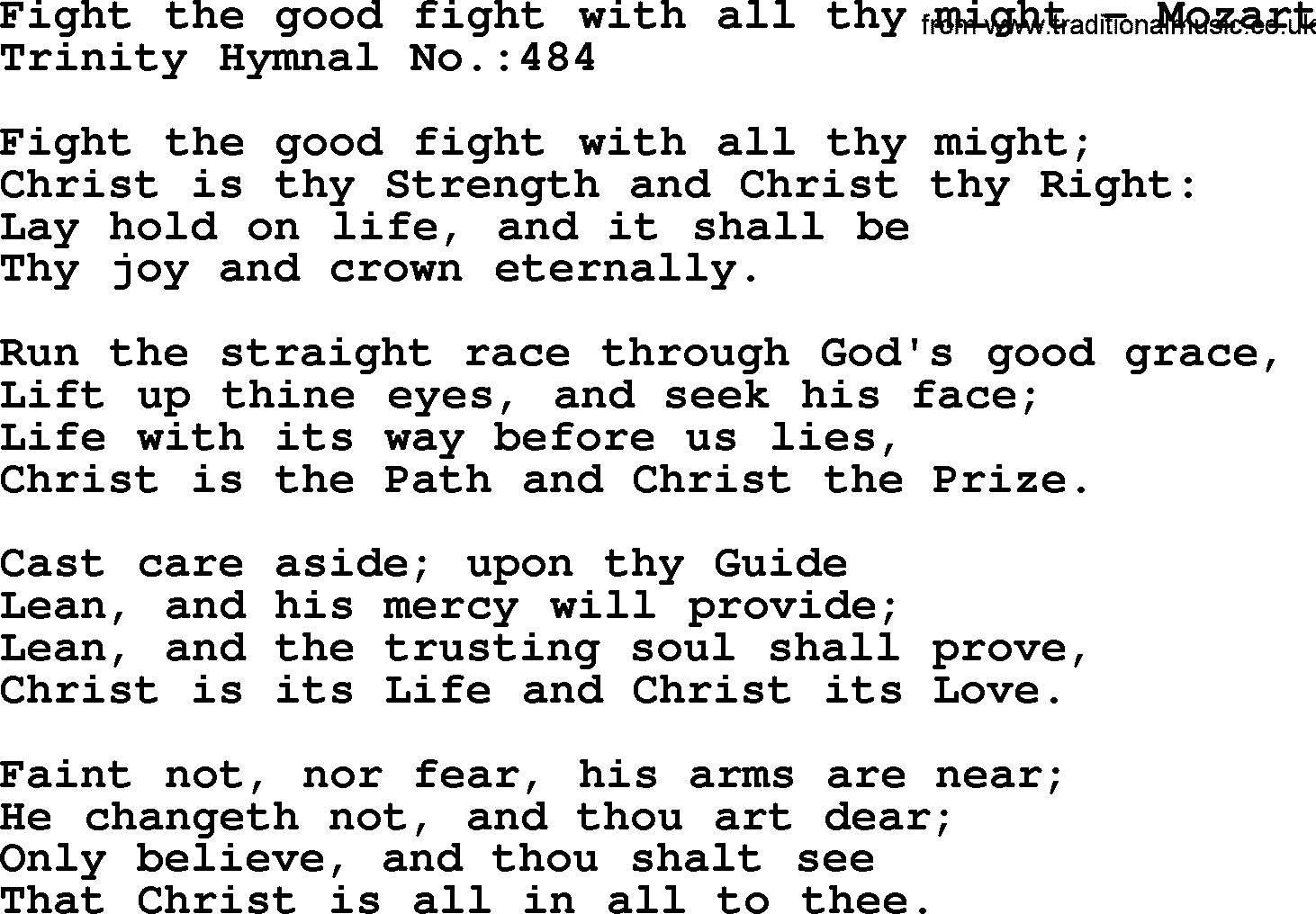 Trinity Hymnal Hymn: Fight The Good Fight With All Thy Might--Mozart, lyrics with midi music