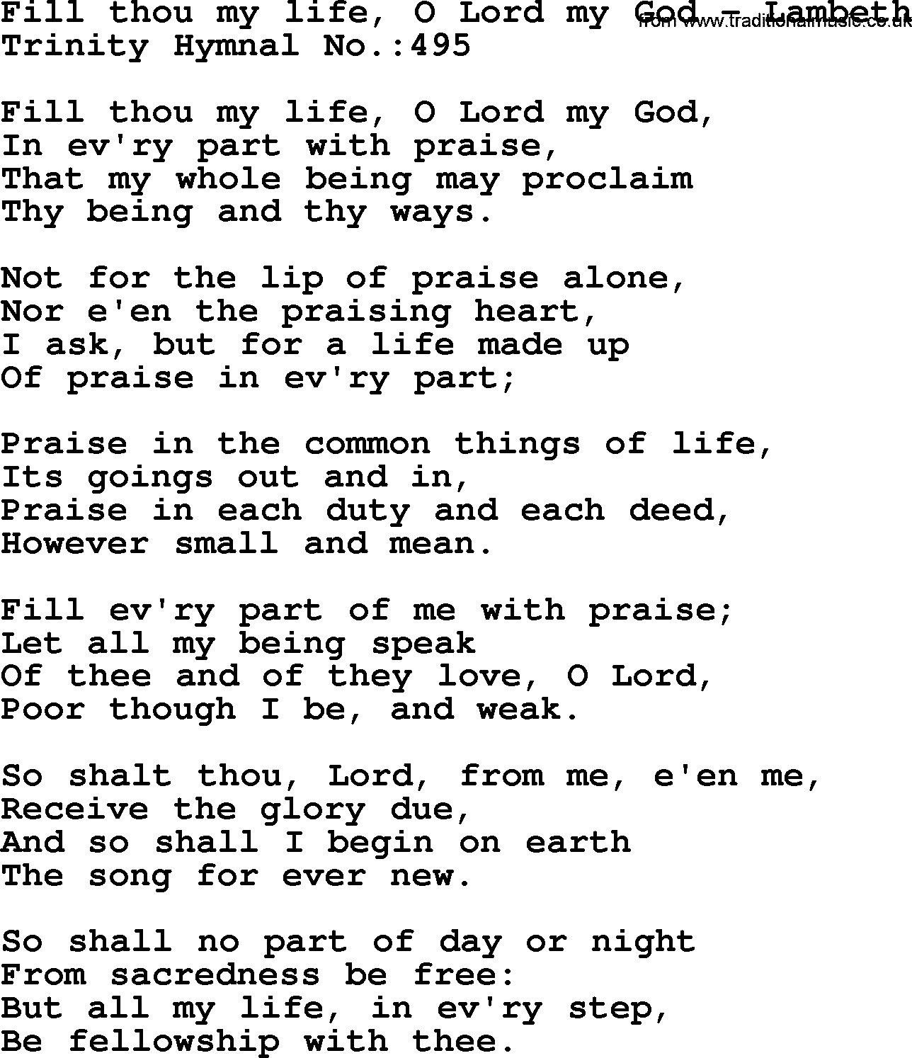 Trinity Hymnal Hymn: Fill Thou My Life, O Lord My God--Lambeth, lyrics with midi music
