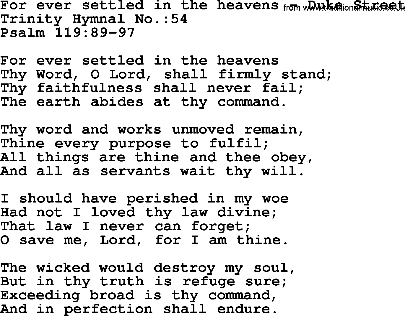 Trinity Hymnal Hymn: For Ever Settled In The Heavens--Duke Street, lyrics with midi music