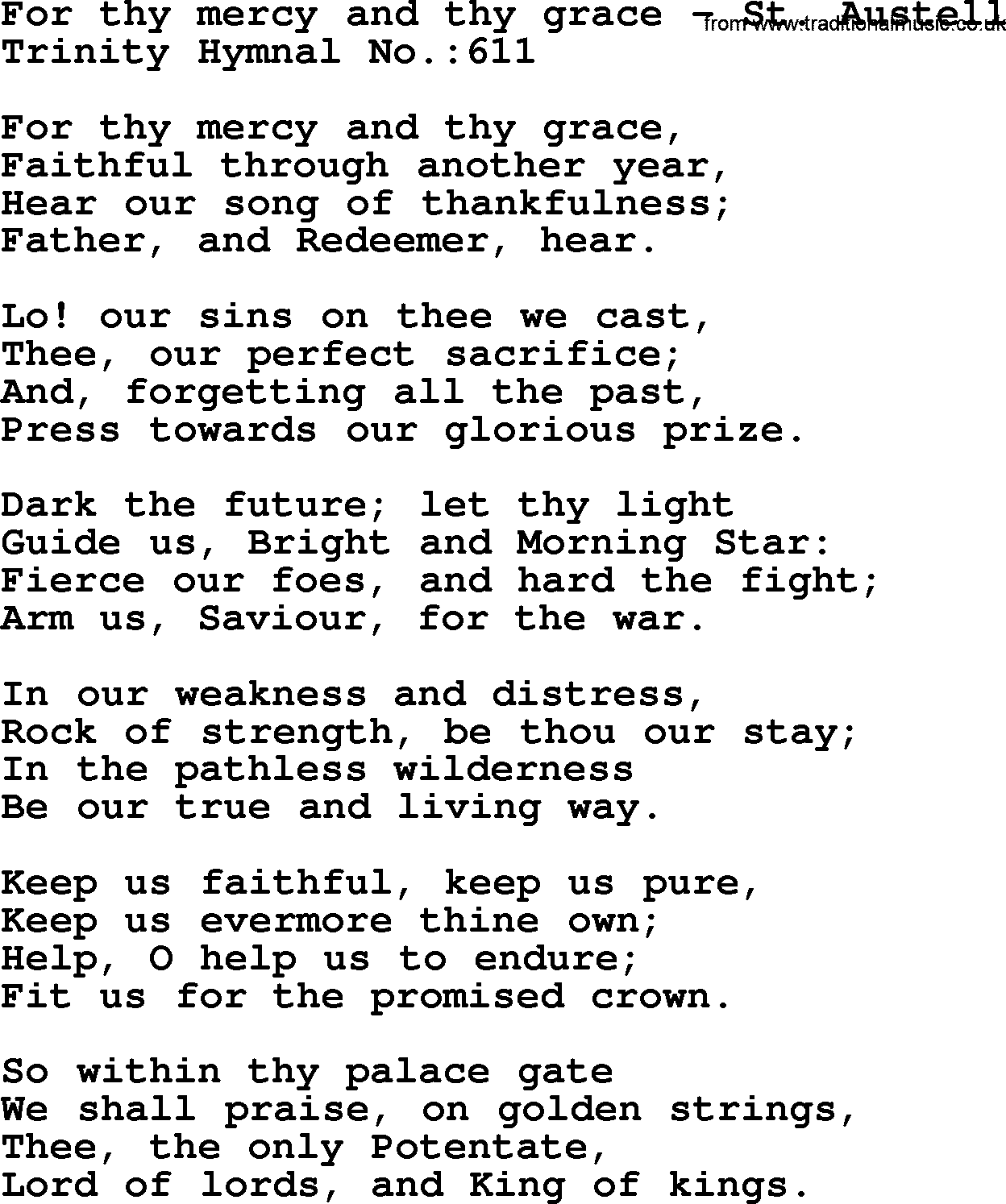 Trinity Hymnal Hymn: For Thy Mercy And Thy Grace--St. Austell, lyrics with midi music
