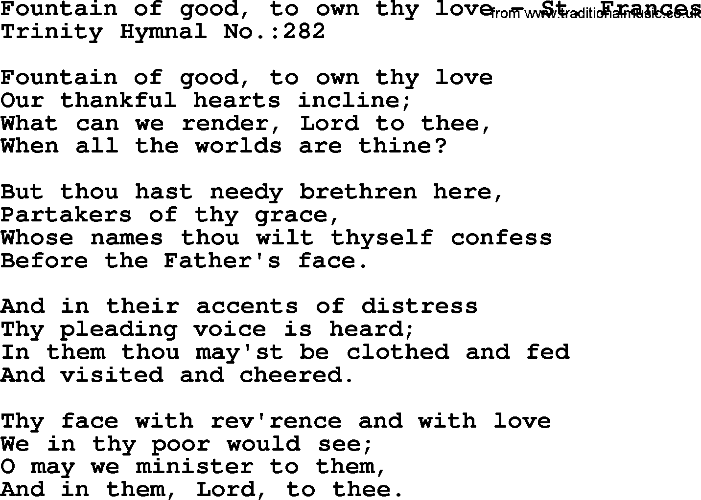 Trinity Hymnal Hymn: Fountain Of Good, To Own Thy Love--St. Frances, lyrics with midi music