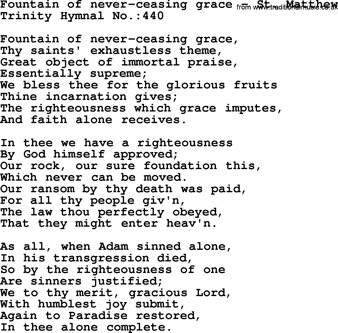 Trinity Hymnal Hymn: Fountain Of Never-Ceasing Grace--St. Matthew, lyrics with midi music