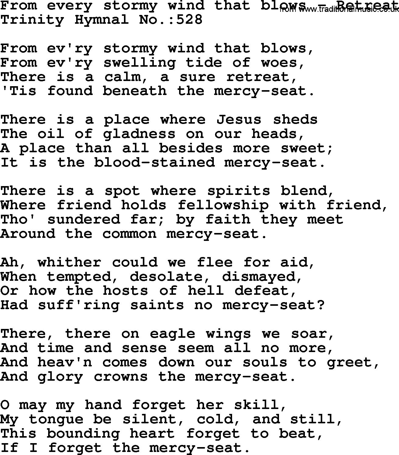 Trinity Hymnal Hymn: From Every Stormy Wind That Blows--Retreat, lyrics with midi music
