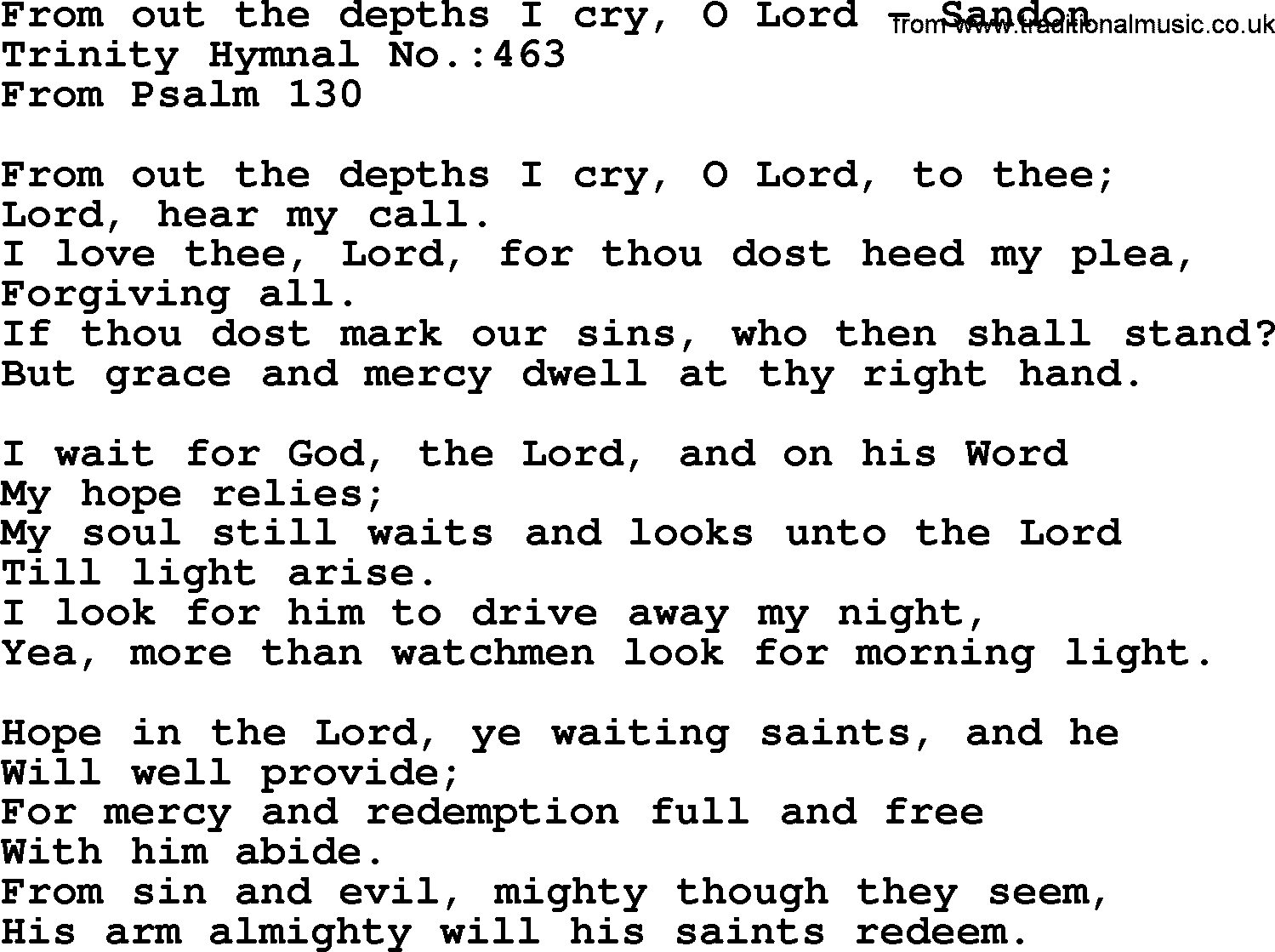 Trinity Hymnal Hymn: From Out The Depths I Cry, O Lord--Sandon, lyrics with midi music