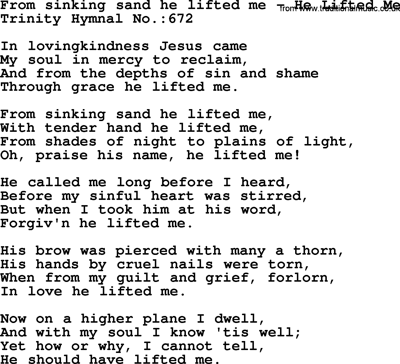 Trinity Hymnal Hymn: From Sinking Sand He Lifted Me--He Lifted Me, lyrics with midi music