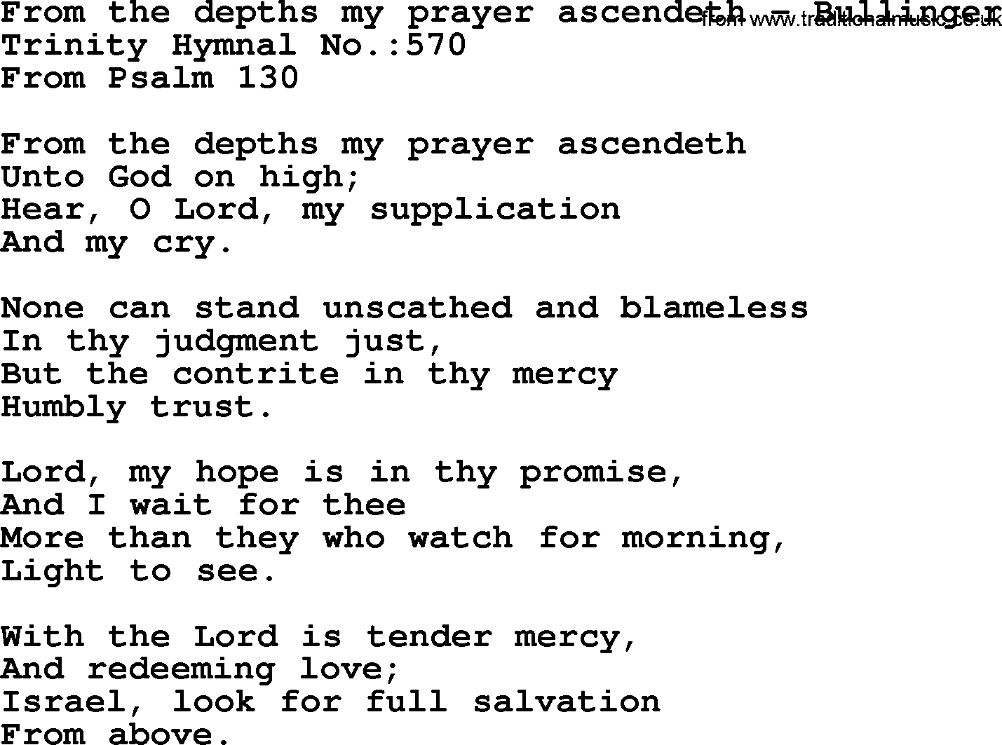 Trinity Hymnal Hymn: From The Depths My Prayer Ascendeth--Bullinger, lyrics with midi music