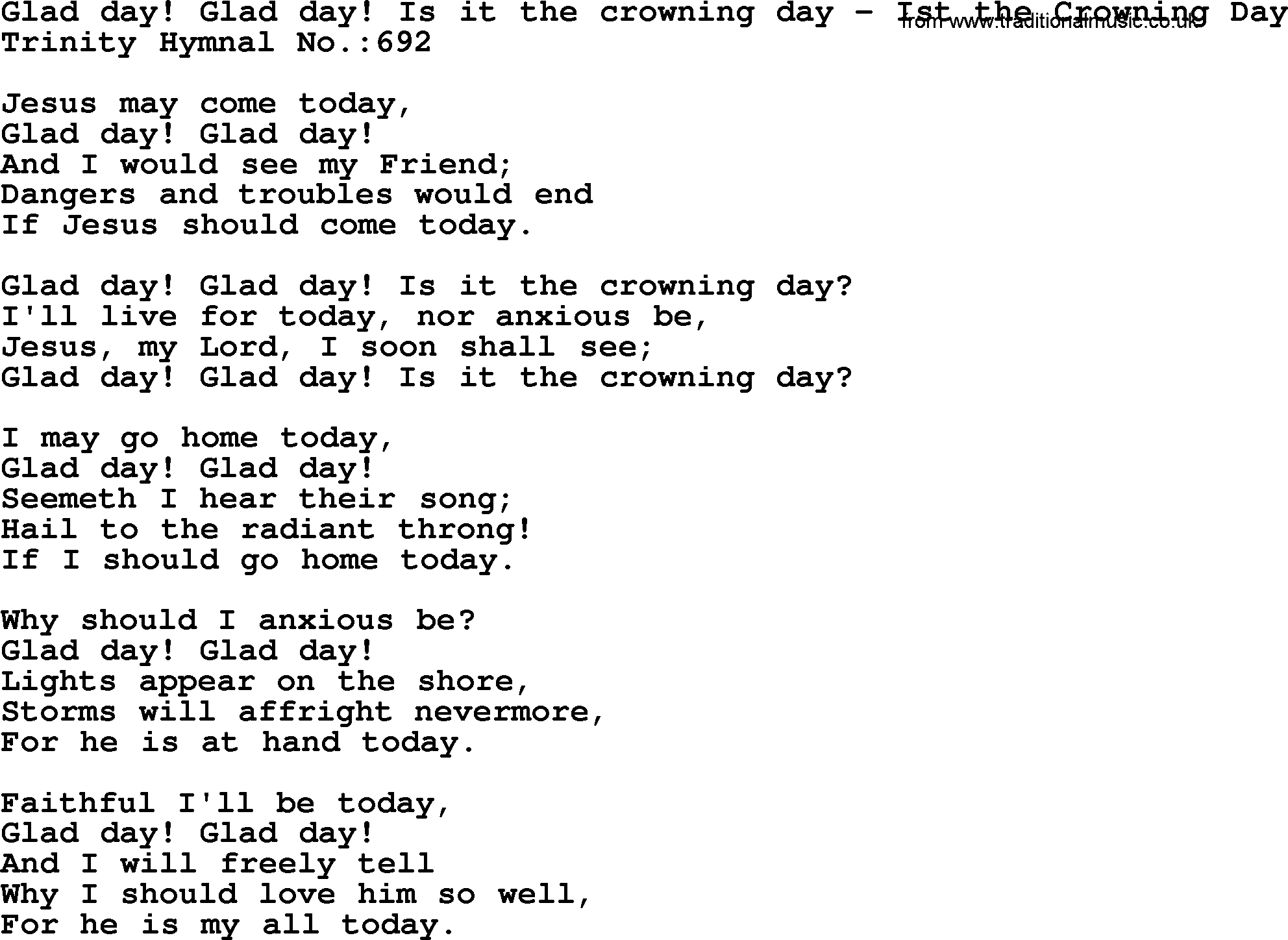 Trinity Hymnal Hymn: Glad Day! Glad Day! Is It The Crowning Day--Ist The Crowning Day, lyrics with midi music
