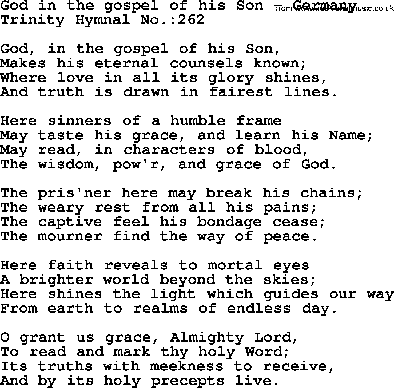 Trinity Hymnal Hymn: God In The Gospel Of His Son--Germany, lyrics with midi music