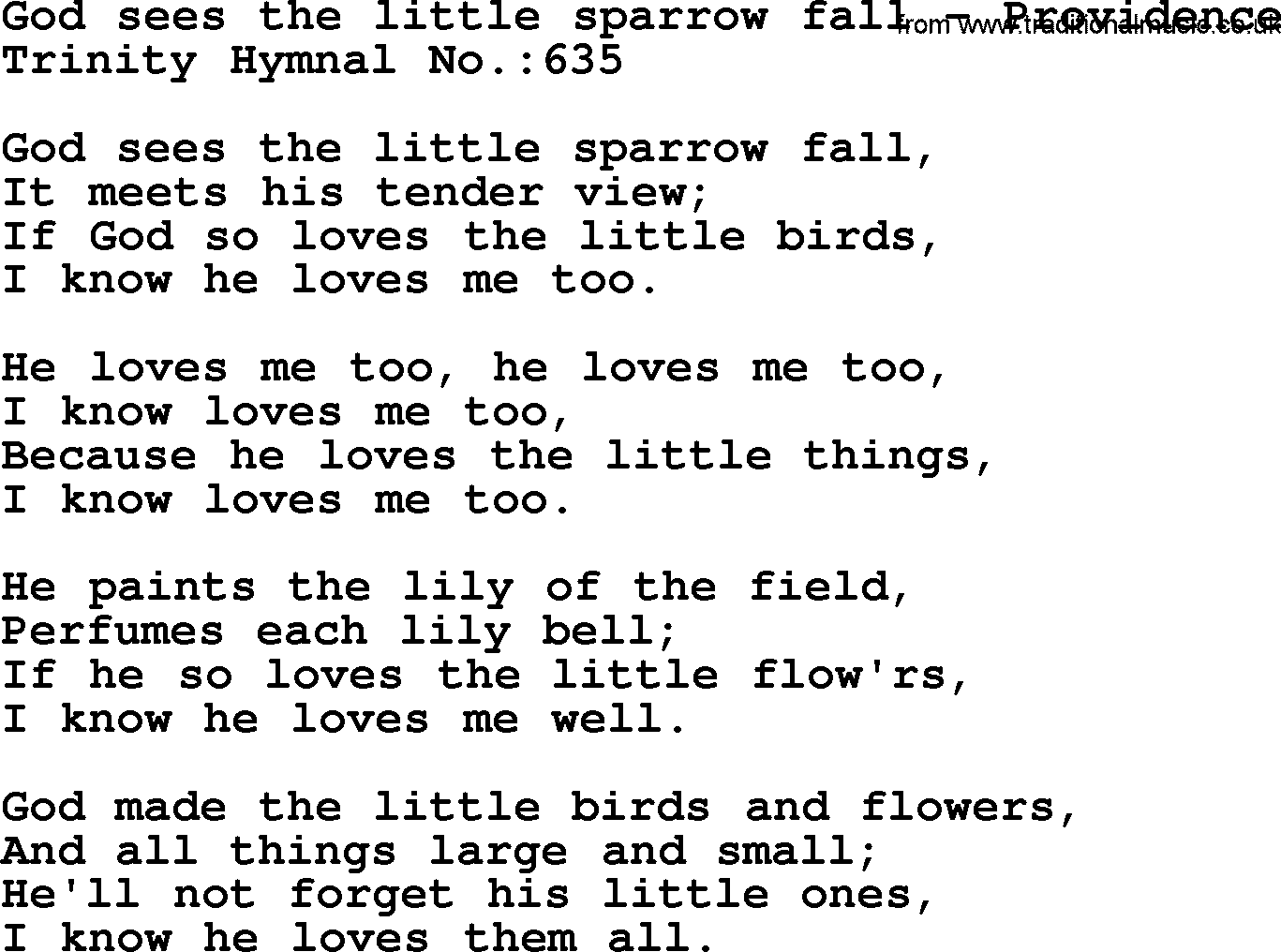 Trinity Hymnal Hymn: God Sees The Little Sparrow Fall--Providence, lyrics with midi music