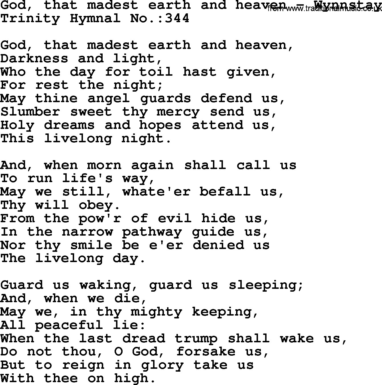 Trinity Hymnal Hymn: God, That Madest Earth And Heaven--Wynnstay, lyrics with midi music