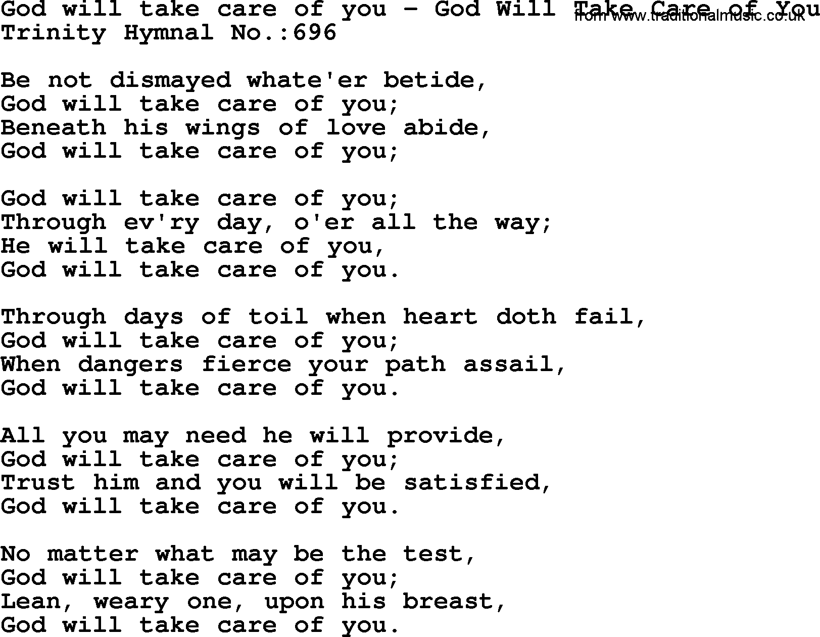 Trinity Hymnal Hymn: God Will Take Care Of You--God Will Take Care Of You, lyrics with midi music