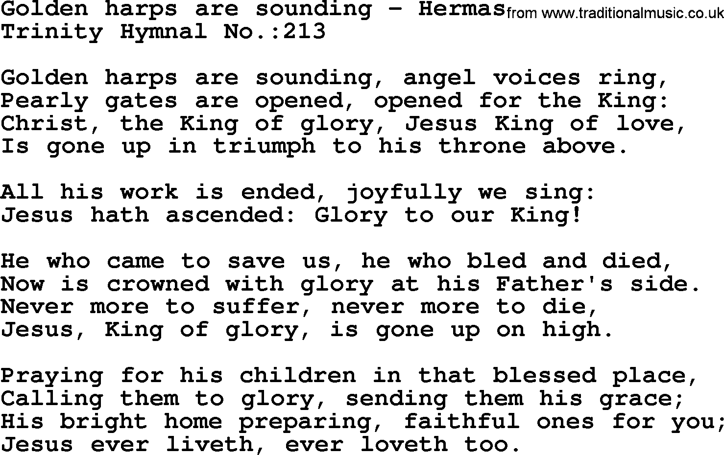 Trinity Hymnal Hymn: Golden Harps Are Sounding--Hermas, lyrics with midi music