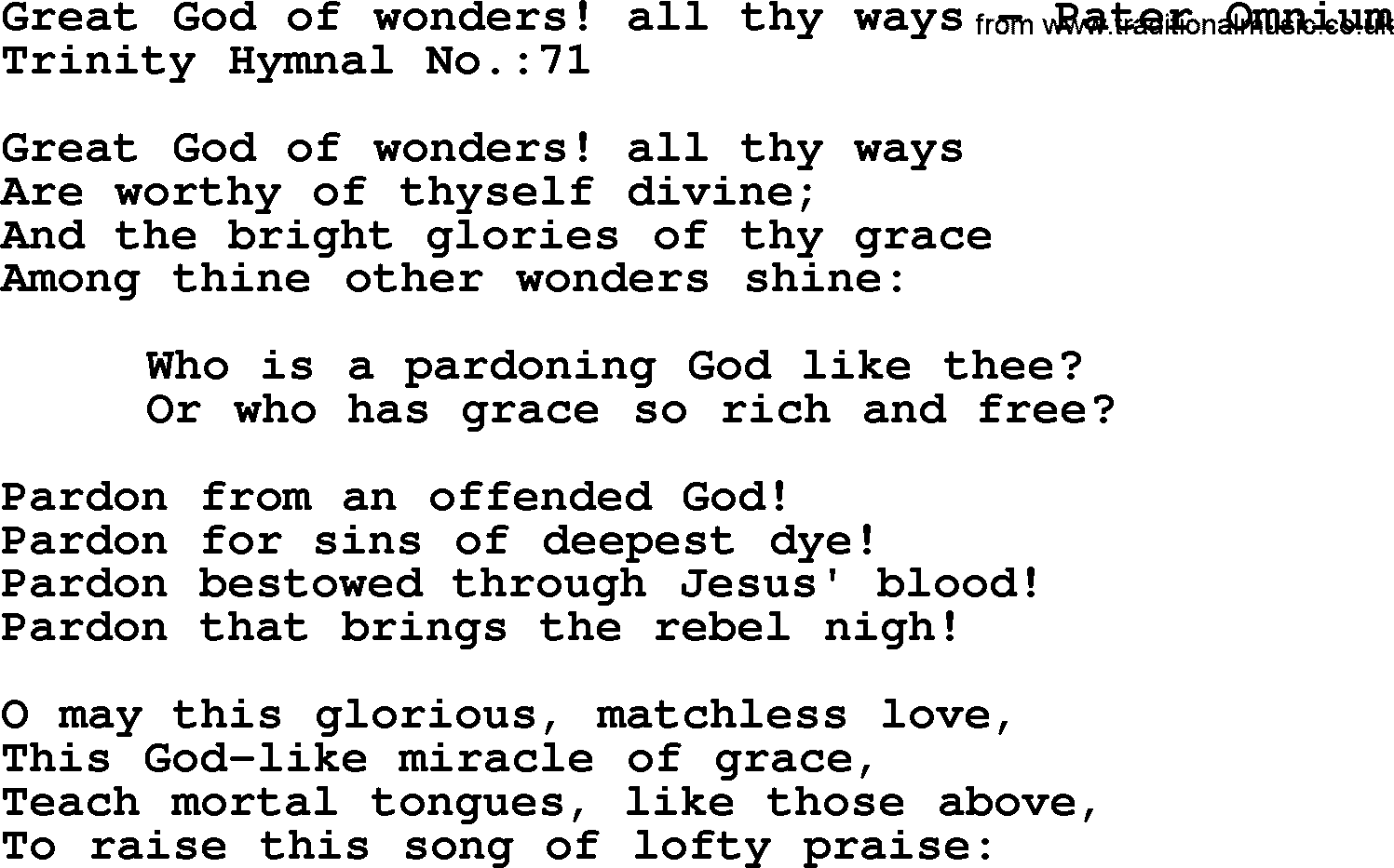 Trinity Hymnal Hymn: Great God Of Wonders! All Thy Ways--Pater Omnium, lyrics with midi music
