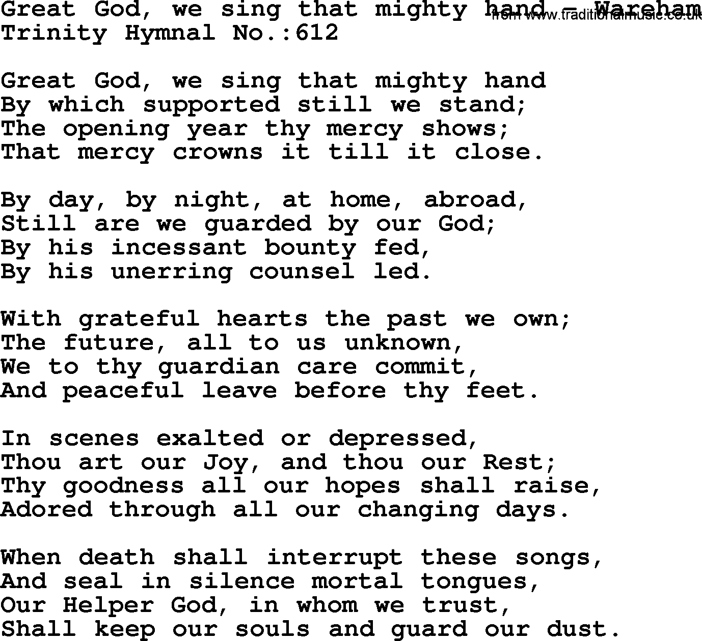 Trinity Hymnal Hymn: Great God, We Sing That Mighty Hand--Wareham, lyrics with midi music
