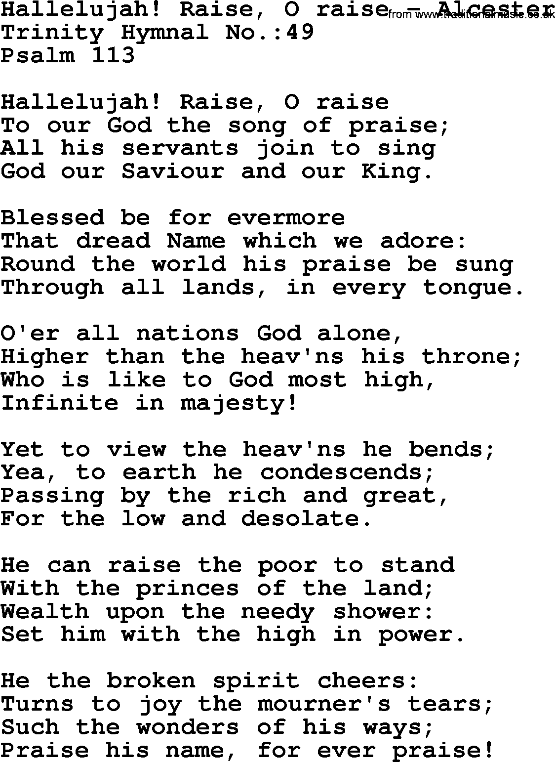 Trinity Hymnal Hymn: Hallelujah! Raise, O Raise--Alcester, lyrics with midi music