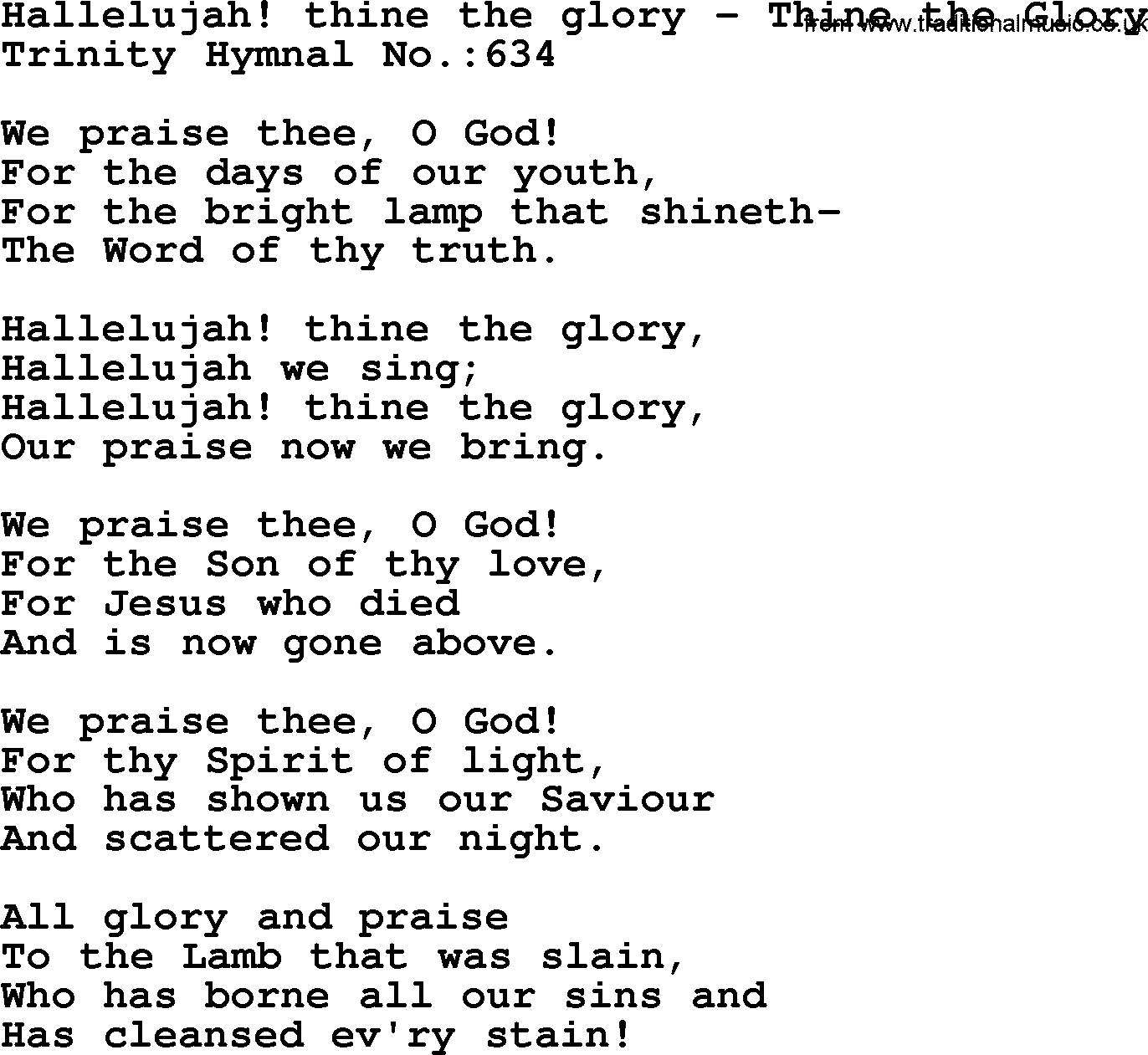Trinity Hymnal Hymn: Hallelujah! Thine The Glory--Thine The Glory, lyrics with midi music