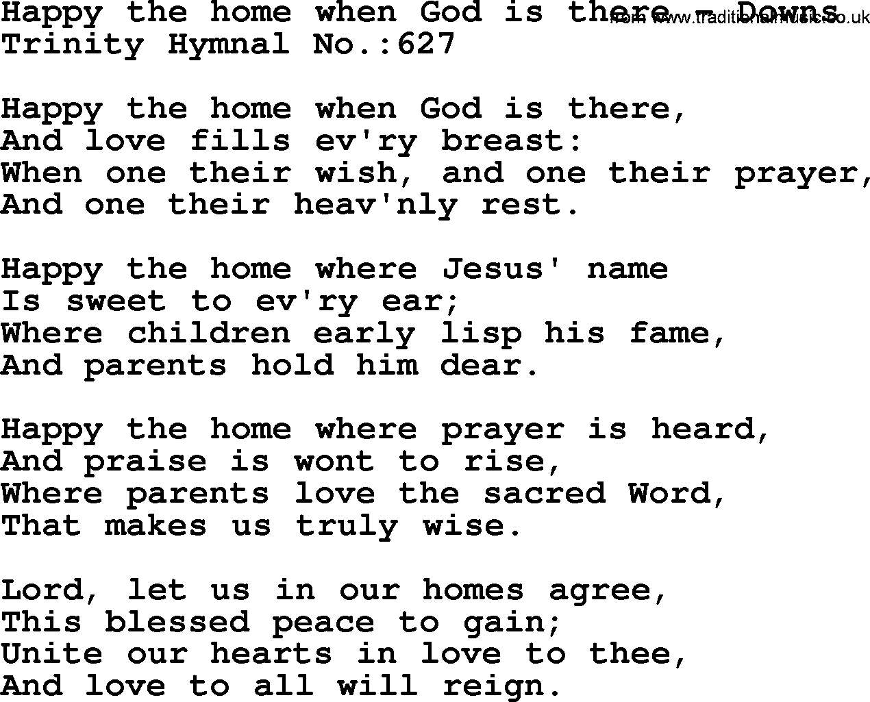Trinity Hymnal Hymn: Happy The Home When God Is There--Downs, lyrics with midi music