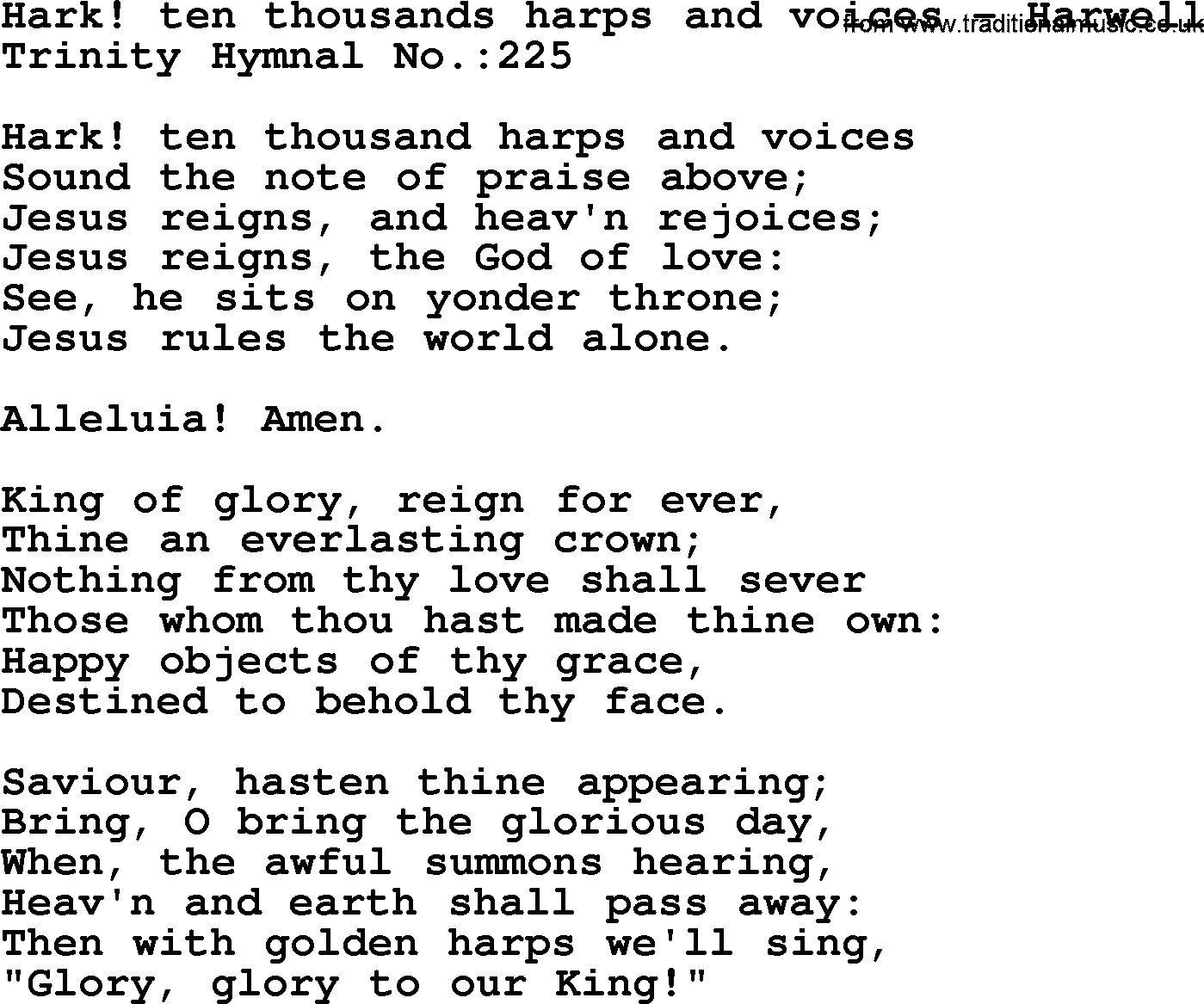 Trinity Hymnal Hymn: Hark! Ten Thousands Harps And Voices--Harwell, lyrics with midi music