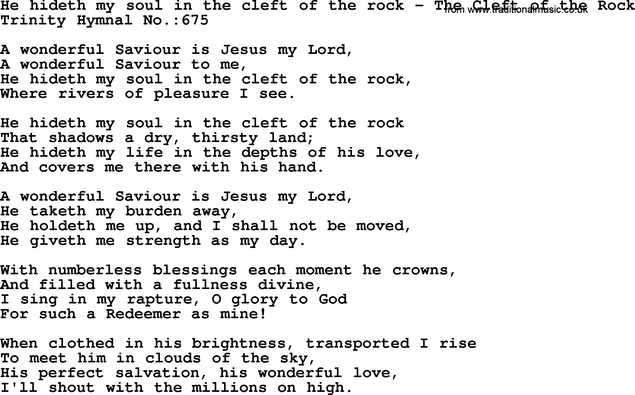Trinity Hymnal Hymn: He Hideth My Soul In The Cleft Of The Rock--The Cleft Of The Rock, lyrics with midi music